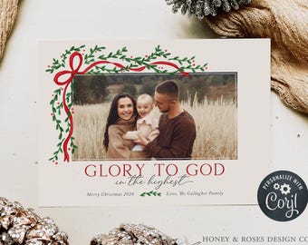 Editable Glory to God in the Highest Horizontal, Vintage Bow and Garland, Christian verse, Christmas Vertical Photo Card, Instant Download