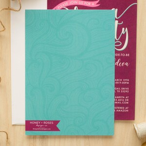 May include: A turquoise blue invitation with a swirl pattern. The invitation is for a bridal shower and includes the text "Please join us for a bridal shower" and "Bride-to-be Deva".