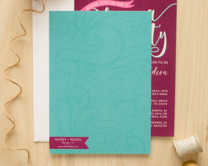 May include: A turquoise blue invitation with a swirl pattern. The invitation is for a bridal shower and includes the text "Please join us for a bridal shower" and "Bride-to-be Deva".