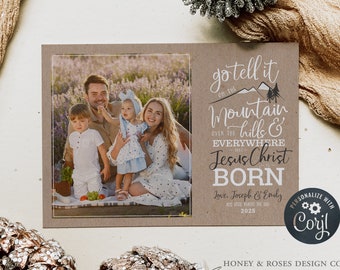 May include: A brown photo frame with a family photo and text that reads "Go tell it on the mountain...Jesus Christ is Born." The frame includes the names Joseph & Emily and the year 2025.