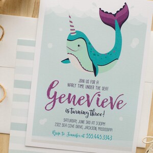 Editable Unicorn of the Sea Narwhal Birthday Invitation, Instant Download