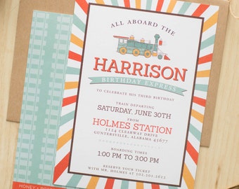 Invitación de cumpleaños de tren vintage editable, descarga instantánea