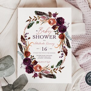 Editable Fall Floral Baby Shower Invitation Suite for boho shower with thank you card and inserts, Instant Download