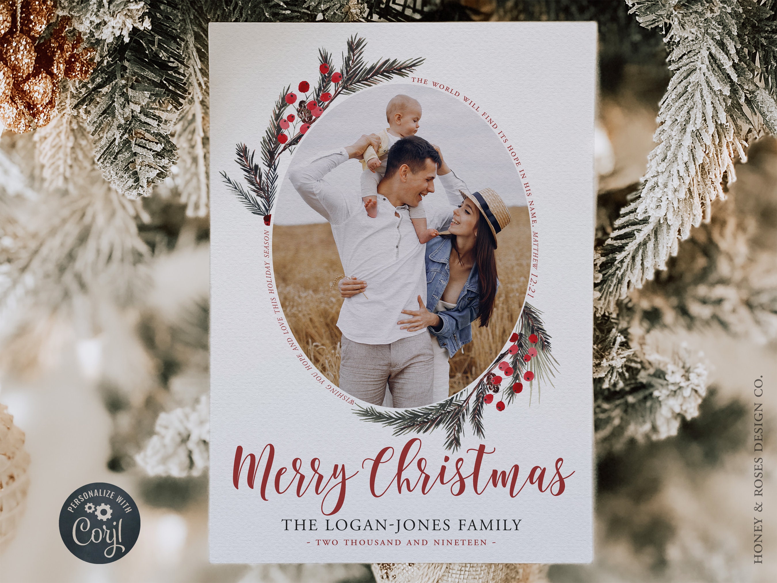 Editable Holiday Greenery and Christian Verse Christmas Photo Card, Instant Download