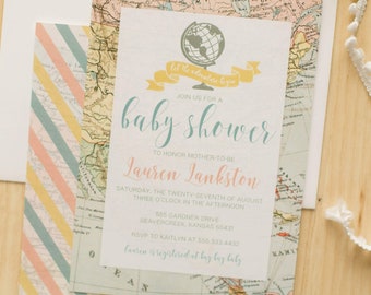 Peut inclure: Une invitation à une fête prénatale avec un fond de carte du monde vintage. L'invitation présente une icône de globe avec un ruban jaune qui dit "Let the adventure begin." Le texte sur l'invitation se lit comme suit : "Rejoignez-nous pour une fête prénatale en l'honneur de la future maman Lauren Jankston. Samedi 27 août, 15h00, 555 Gardner Drive, Beavercreek, Kansas 65431. RSVP à Kaitlyn au 555.333.4432. Lauren est inscrite chez Bug Bug Baby."