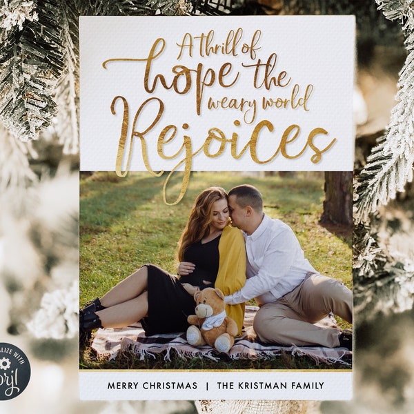 Editable Gold A Thrill of Hope Christian Hymn Christmas Photo Card, Instant Download