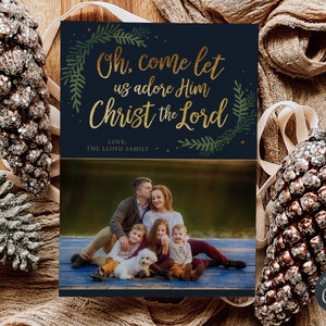 Editable Oh Come Let Us Greenery Christian Song Christmas Photo Card, Instant Download