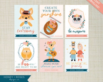 Editable Fun and Girly Animal Valentine's Day Classroom Cards, Instant Download