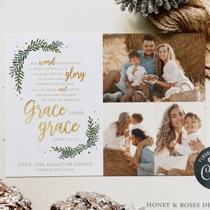 Editable Grace upon Grace, John 1, Christian Christmas Photo Card, Instant Download