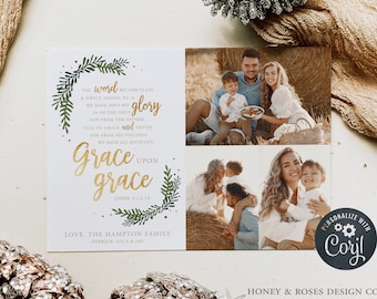 Editable Grace upon Grace, John 1, Christian Christmas Photo Card, Instant Download