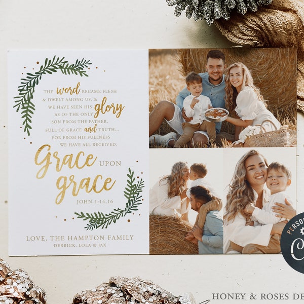 Bearbeitbare Gnade upon Grace, John 1, Christian Christmas Photo Card, Instant Download