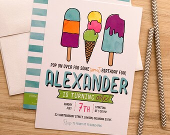 May include: A colorful birthday party invitation with a whimsical illustration of ice cream cones and popsicles. The text reads "Pop on over for some sweet birthday fun, Alexander is turning one!" with details for the party on the bottom.