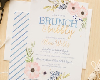Editable Brunch and Bubbly Floral Bridal Shower Invitation, Instant Download