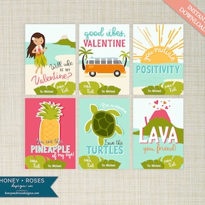 Editable Hawaii Beach Valentine's Day Classroom Cards, Aloha Instant Download