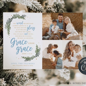 Bearbeitbare Grace upon Grace, weiße und hellblaue christliche Weihnachtsfotokarte, Sofortiger Download