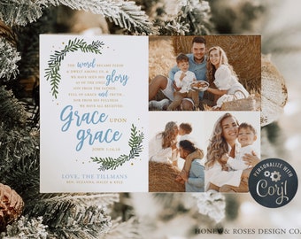 Editable Grace upon Grace, White and light blue Christian Christmas Photo Card, Instant Download