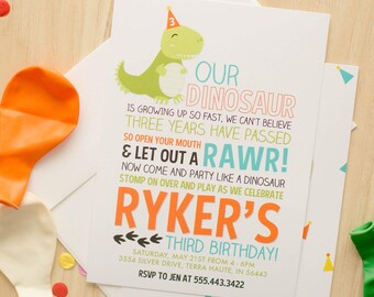 May include: A colorful dinosaur birthday party invitation with a green dinosaur wearing a party hat. The invitation says "Our Dinosaur is growing up so fast, we can't believe three years have passed. So open your mouth & let out a RAWr! Now come and party like a dinosaur stomp on over and play as we celebrate Ryker's Third Birthday!" The invitation also includes the date, time, and location of the party.