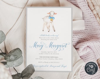 Editable White, Gray and Blue Lamb Baby Shower Invitation for a Southern Boy, Instant Download