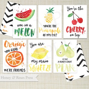 Afdrukbare Fruit Valentijnsdag kaarten.  Kinderen Valentines kaarten.  Kinderen van klas Valentines.  Direct downloaden.