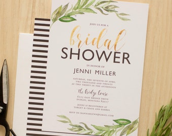 Editable Modern Black and Gold with Greenery Bridal Shower Invitation, Instant Download