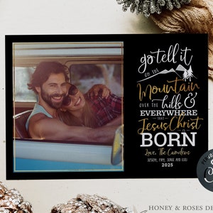 Bearbeitbare Go Tell it on the Mountain, Schwarz und Gold, Christian Hymn Christmas Photo Card, Instant Download