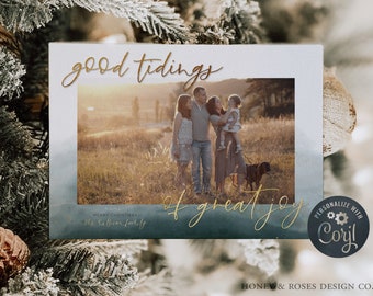 Editable Luke 2 Good Tidings of Great Joy Christian Christmas Verse Photo Card, Instant Download