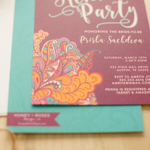May include: A purple and teal bridal shower invitation with a colorful paisley design. The invitation reads "Party" in a white script font and "Honoring the Bride-to-be Prisha Sachdeva". The invitation includes the date, time, location, RSVP information, and registry details.