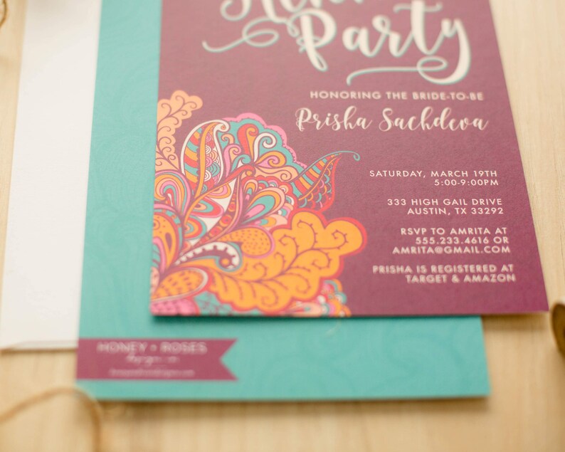May include: A purple and teal bridal shower invitation with a colorful paisley design. The invitation reads "Party" in a white script font and "Honoring the Bride-to-be Prisha Sachdeva". The invitation includes the date, time, location, RSVP information, and registry details.