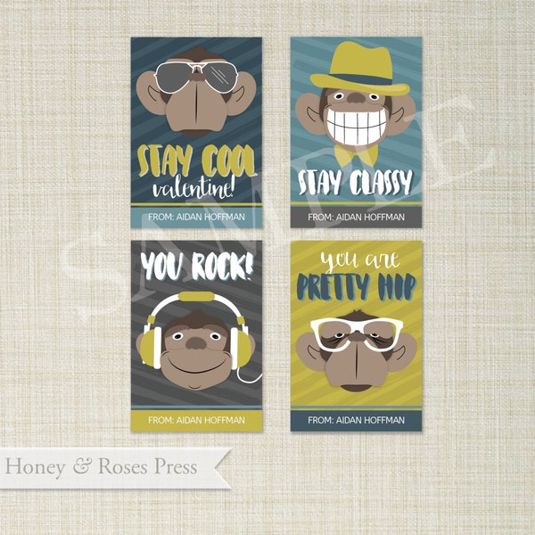 Printable Monkey Valentine's Day Cards . Hipster Valentines . Cool Kids Valentines Cards. Kid Valentines . Instant Download