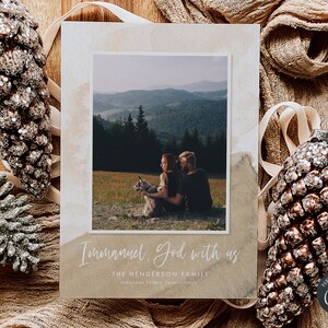 Editable Boho Neutral Christmas Watercolor Vertical Photo Card, Christian Scripture, Immanuel, God with Us, Instant Download