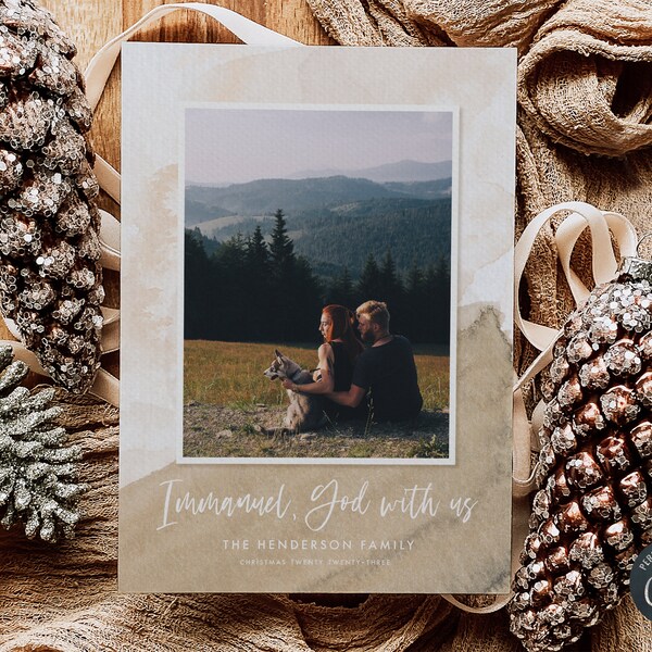 Bearbeitbare Boho Neutral Weihnachten Aquarell Vertikale Fotokarte, Christliche Schrift, Immanuel, Gott mit uns, Sofortiger Download