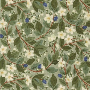 May include: A fabric with a repeating floral pattern. White flowers with yellow centers, dark green leaves, and small clusters of blue berries are set against a muted green background. The stems are a reddish-brown color.