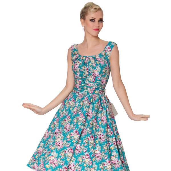 SEXYHER Ladies 1950's Vintage dress Audrey Hepburn dress rockabilly dress Teal floral Cotton Classic Dress - RBJW1611