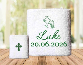 Personalized Baptism Towel with Angel – Custom Embroidered Christening Gift – Holy Baptism Keepsake