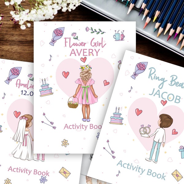 Libros de actividades de boda personalizados para portador de anillo y niña de flores para colorear regalo, páginas para colorear de boda regalo personalizado para portador de anillo