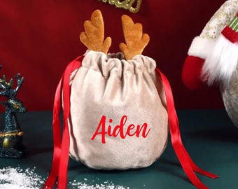 Personalized Velvet Christmas Reindeer Gift Bag: Custom Holiday Pouch