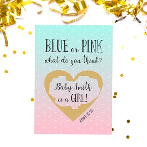 Gender Reveal Card, Baby Gender Card, Boy or Girl, He or She, What Will Baby Be, It's a Girl, It's a Boy, Pink or Blue, Personalized card
