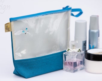 Clear zipper pouch with pearls, transparent airport security pouch, travel organizer purse bag, pvc vegan crystal clear bag