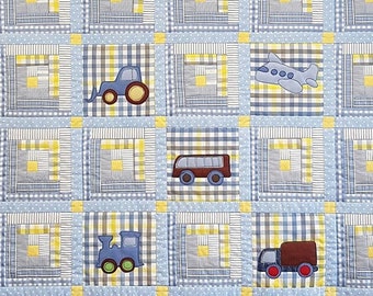 Krabbeldecke, Toddler Kids Quilt with cars, tractor and plane, Cotton Baby Pacthwork bedding, handmade baby shower gift for boys