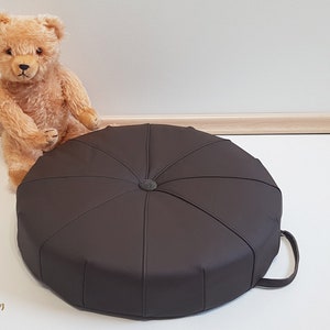 Round seat cushion with button, leather floor seat pad, home decor, dark brown. image 1