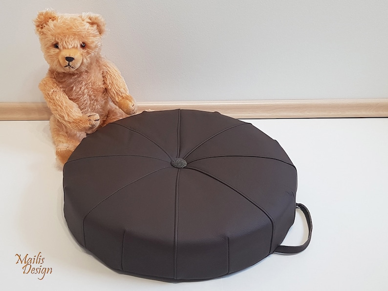 Round seat cushion with button, leather floor seat pad, home decor, dark brown. image 1