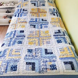 Full Size Patchwork Quilt, blue and yellow image 3