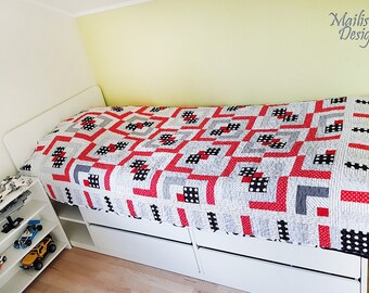 Patchwork-Steppdecke mit PUNKTEN (145 x 210 cm), rot-schwarz-weiß-grau