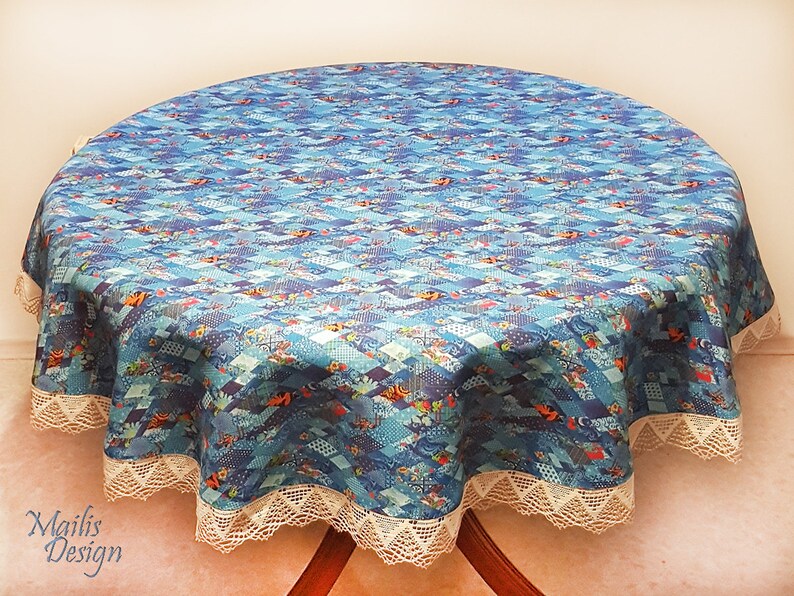 Linen gift set, linen tablecloth round 150 cm and 3 linen kitchen towels, blue, 100% linen fabric image 5