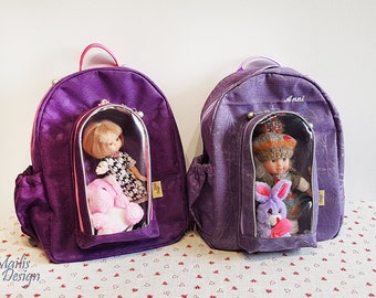 Personalized Kids Backpack, travel bag for girls, bag with clear pocket for dolls, purple and violet