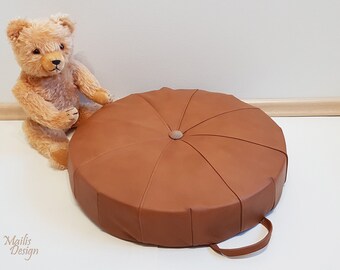 Round seat cushion with button, leather floor seat pad, home decor, light brown.