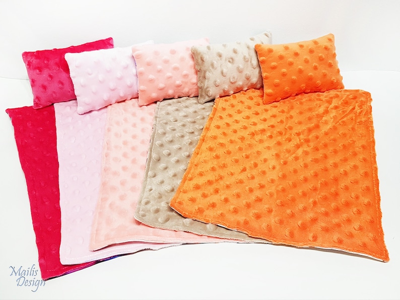 Doll blanket 35 cm 14 and pillow, minky fleece, doll bedding set. image 1