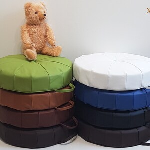 Round seat cushion with button, leather floor seat pad, home decor, dark brown. image 2