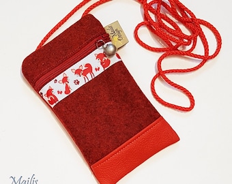 Phone case for hanging, Cellphone crossbody bag, iphone shoulder bag, zip Pouch, woolen felt and leatherette.