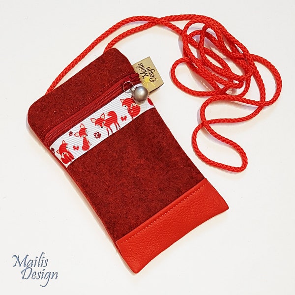 Phone case for hanging, Cellphone crossbody bag, iphone shoulder bag, zip Pouch, woolen felt and leatherette.